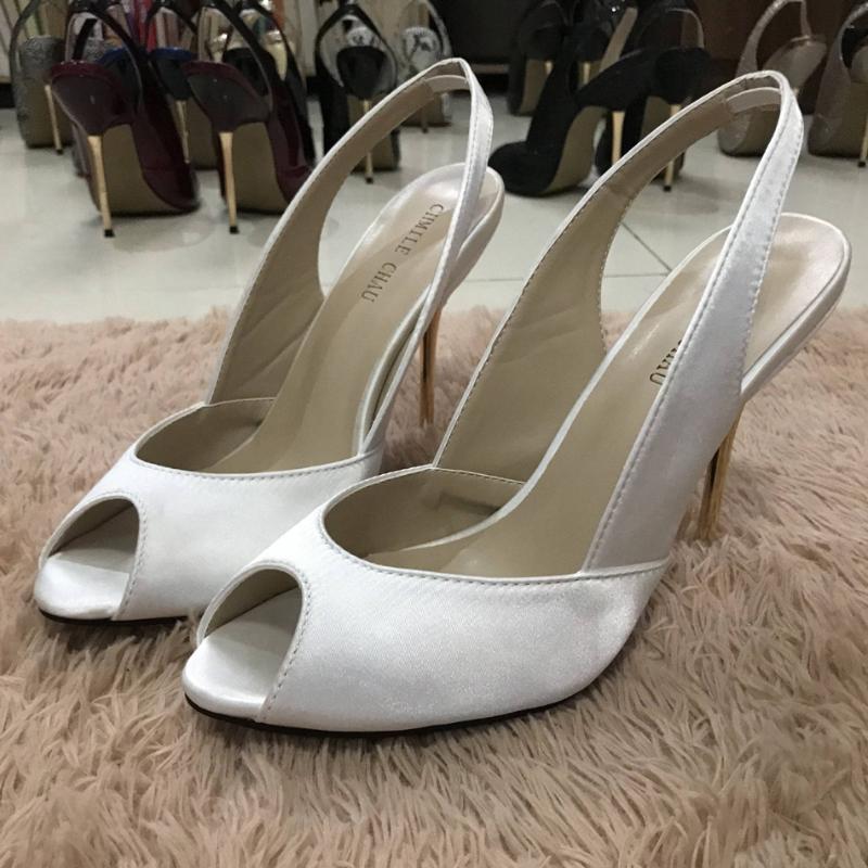 

Sandals Women Stiletto Thin Iron High Heel Sexy Sling Back Peep Toe Ivory Satin Party Bridal Ball Lady Shoe 3845-g8Sandals