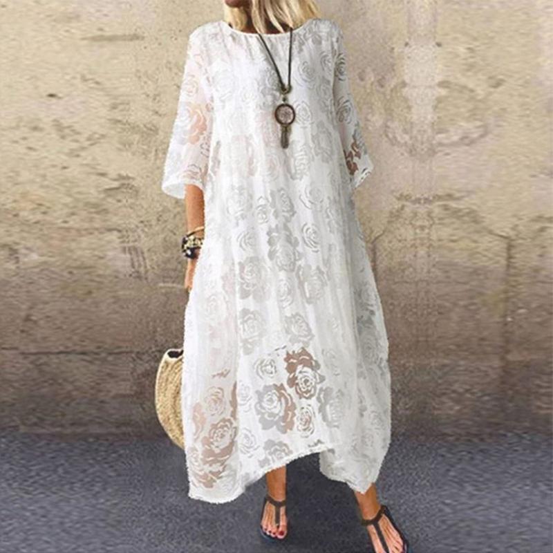 

Casual Dresses Ladies Round Neck Short Sleeve Lace Long Dress DressCasual, Black