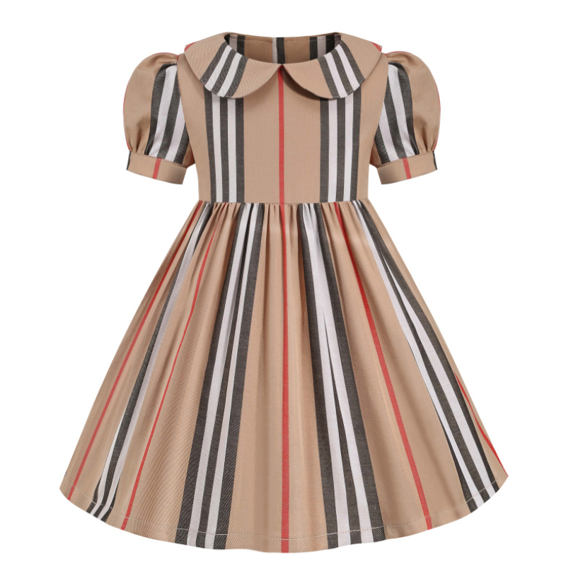 

New Arrival 2021 Short Sleeve Cotton Clothes Stripe Fashion European Style Baby Kids Clothing Clothes Girls Dress 2-6 Years, Khaki