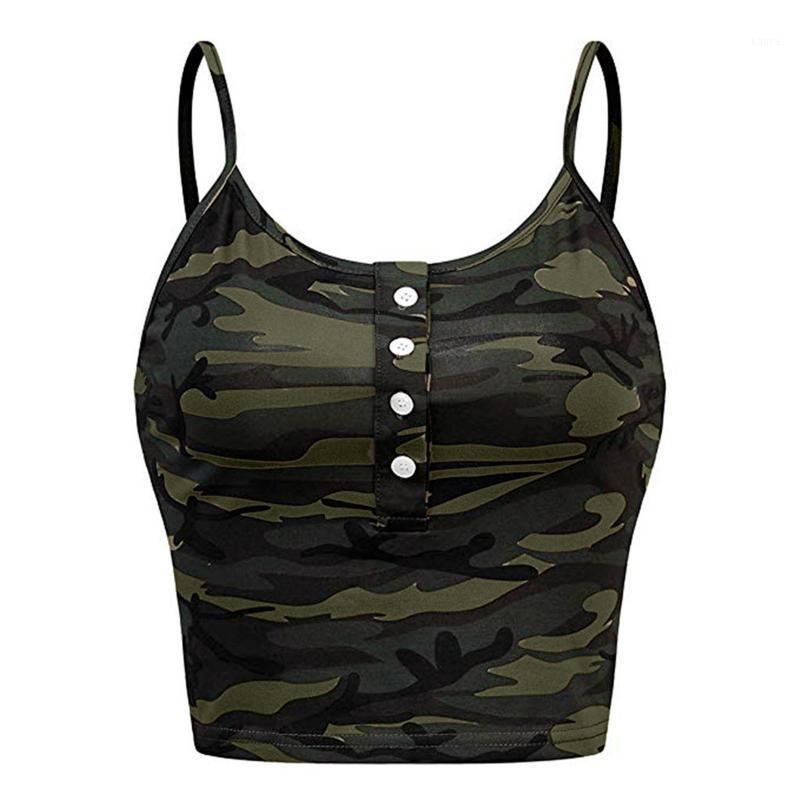 

Summer Casual Womens Sleeveless O-neck Button Up Camouflage Print Vest Cami Tank Top Basic Tees Ladies Tops Women' Tanks & Camis, Army green