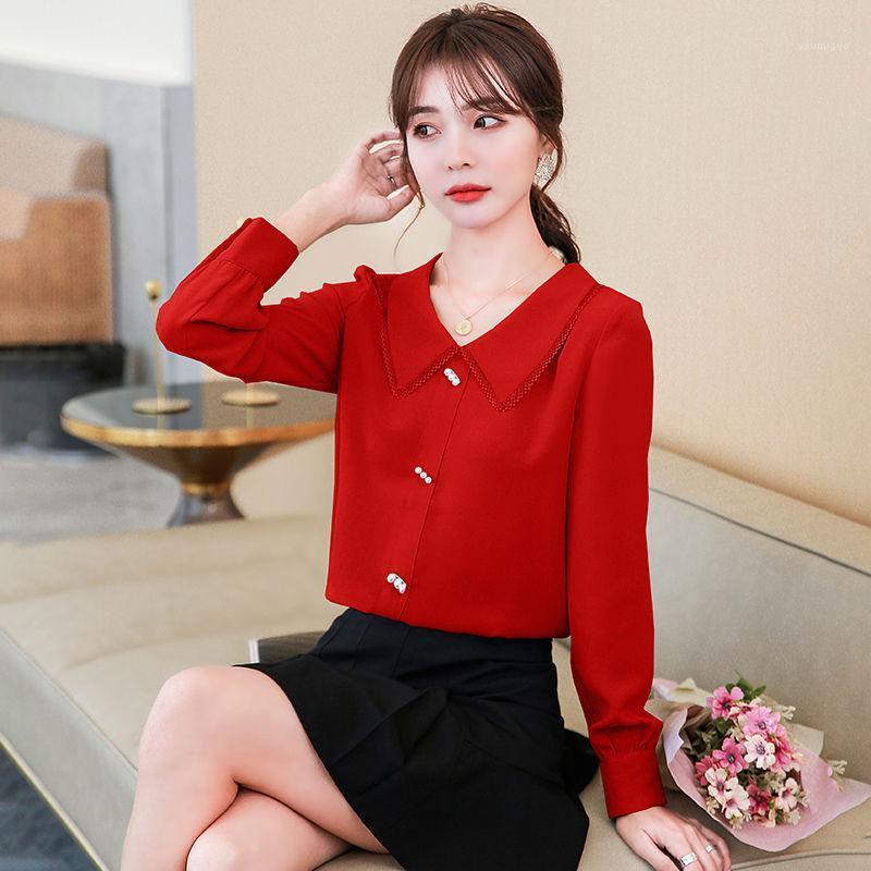 

Women's Blouses & Shirts Women Blouse Doll Collar Chiffon Long-Sleeved Autumn Top Shirt [Finished On January 31]] Blusas Ropa De Mujer, Red