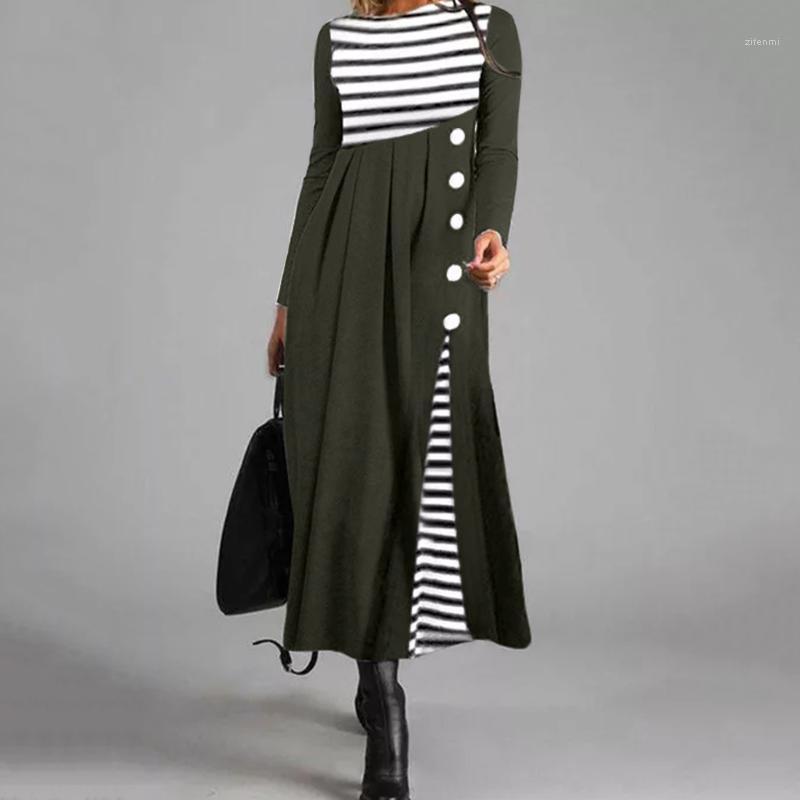 

Casual Dresses Women Long Loose Dress Sleeve Stripe Stitching Buttons Elegant Temperament Patchwork Plus Size Femme, Black