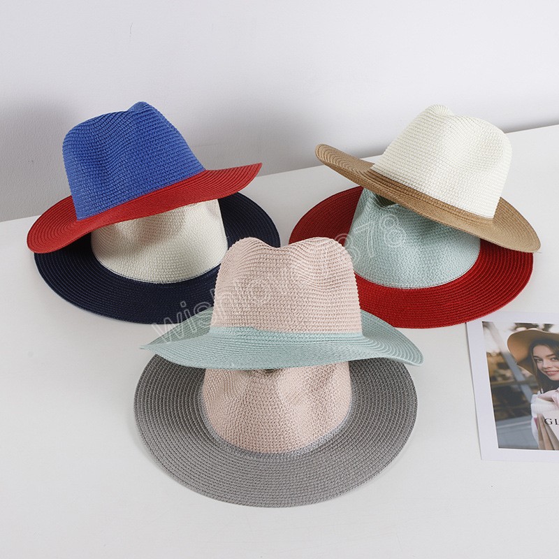 Mens Womens summer two-color straw Jazz hat casual Panama straw Sun hats For Men Women Beach Patchwork Cap