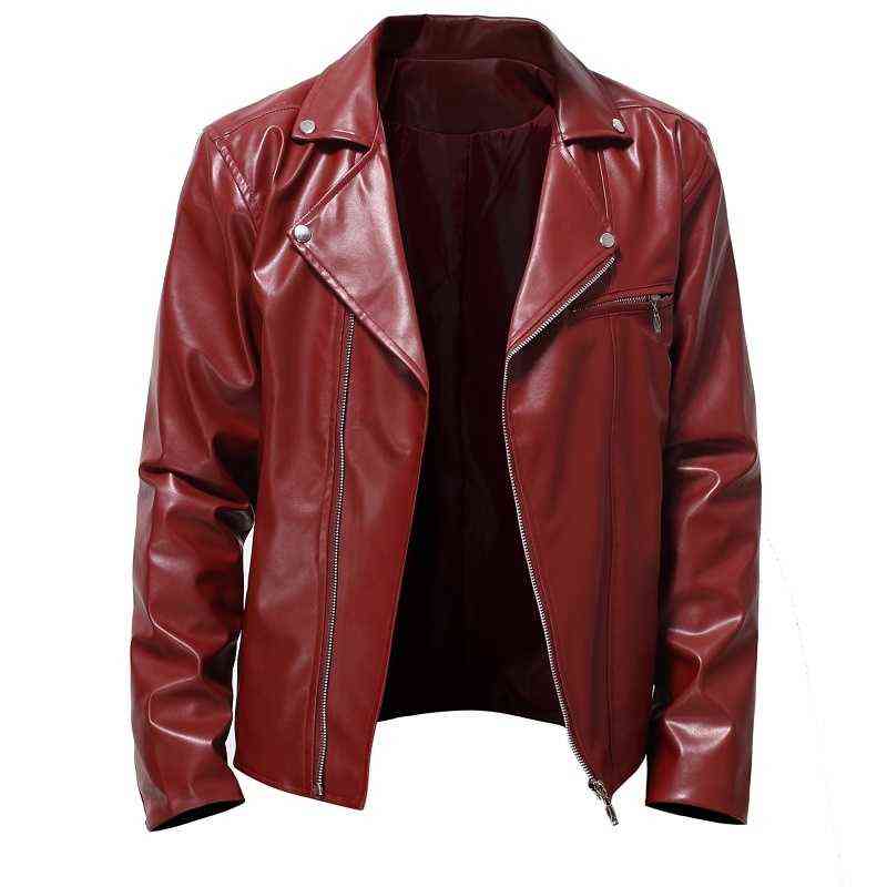 

New trend casual lapel diagonal zipper men's leather motorcycle autumn and winter red personality artificial leather coat man T220728, Burgundy