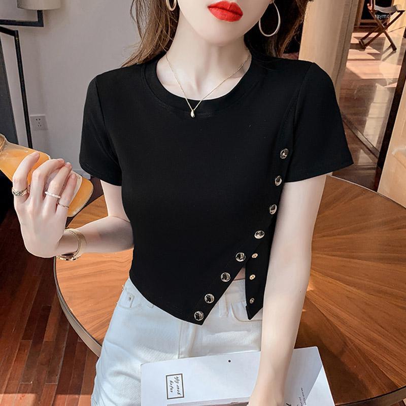 

Women's T-Shirt Summer Slim Fit Design Personalized Button Split Top Irregular Black Short Sleeve WomenWomen's