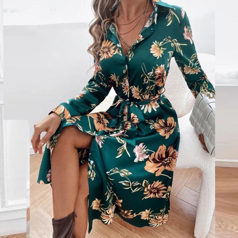 

Casual Dresses Elegant Turn-down Collar Button Shirt Dress Women Spring Floral Print Slit Party Autumn Long Sleeve Vintage VestidosCasual, 02 blue