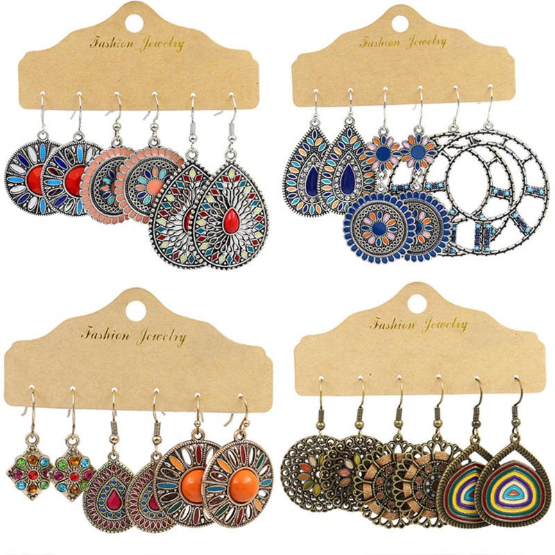 

Dangle & Chandelier Vintage Earrings 3 Pairs Set Bohemian Water-drop Flower Retro Bohemia Large Circle Ear Drop Hollow Out