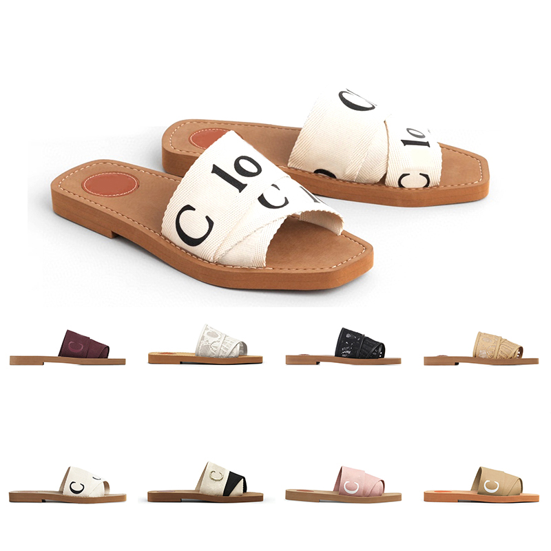 

designer chlo canvas slippers Women Woody Mules flat sandals rubber slides white black pink Sail bordeaux lace Lettering Fabric womens summer outdoor shoes, C5 35-42
