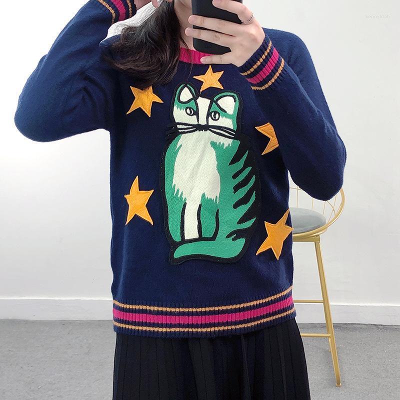 

Women' Sweaters Brand Designer Five-Pointed Star Cat Embroidery Patch Women Pullover Autumn Winter Casual O-Neck Long-Sleeved Sweater Hallo, Black