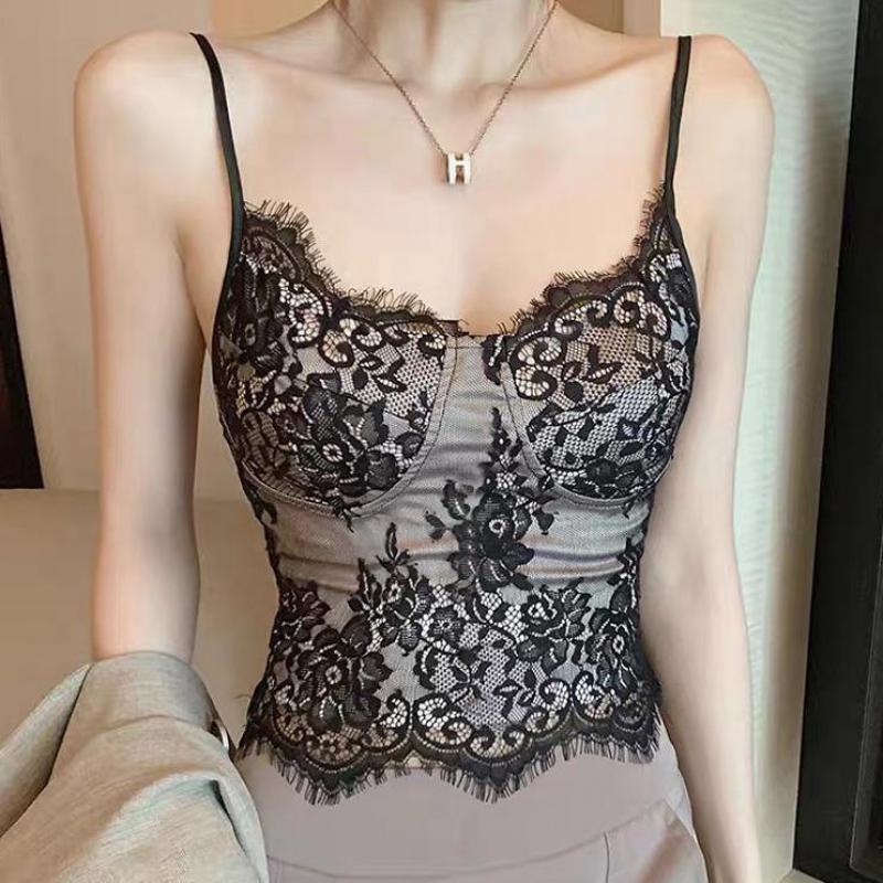 

Women's Tanks & Camis Women Fashion Lace Crop Top Sexy Lingerie Camisole Bralette Y2k Black White Sleep Tops Strap Padded UndershirtWomen's