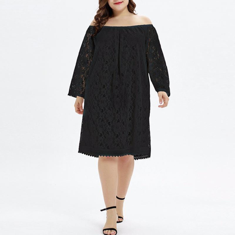 

Casual Dresses Lace Reversible Boat Neck Ladies Dress 2022 Autumn Loose Plus Size One-Piece Vestidos Elegant Solid Black White Short