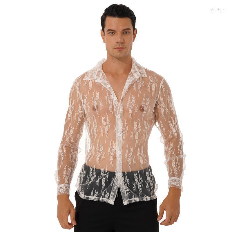 

Men's Casual Shirts Gothic Men See-Through Floral Lace Shirt Turn-Down Collar Long Sleeve Button Tops For Party Nightclub Stage Performance, Black