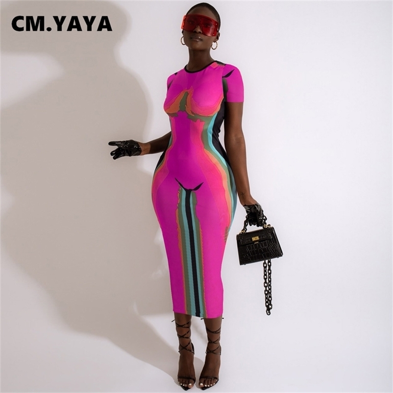 

CM YAYA Women 3D Printed Short Sleeve O neck Bodycon Midi Maxi Dress for Summer Sexy Night Party Clubwear Long Dresses 220614, Blue