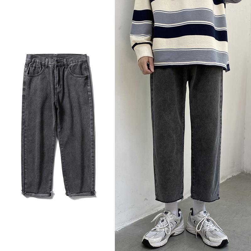 

Men's Jeans Men's Streetwear Smoky Gray Baggy 2022 Autumn Korean Fashion Straight Denim Cropped Trousers Wide Leg Pants MaleMen's Heat22, Dark blue