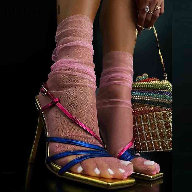 

Sandals Ins New Colorful Rainbow Open Toe Summer Women s Slingback Stiletto High Heels Party Dress Trendy Multicolor Footwear 220402, Red