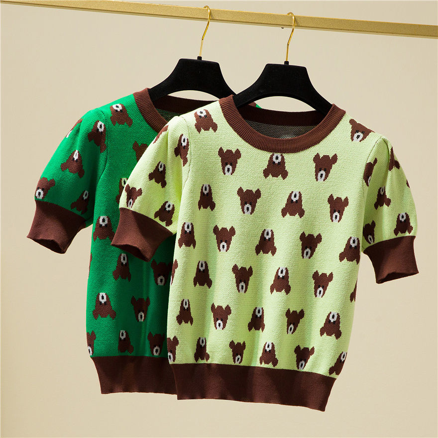 

2022 Summer Green Cartoon Jacquard Thin Knitted Sweater Women O-Neck Short Sleeve Knitwear Tops Casual Loose Pullover