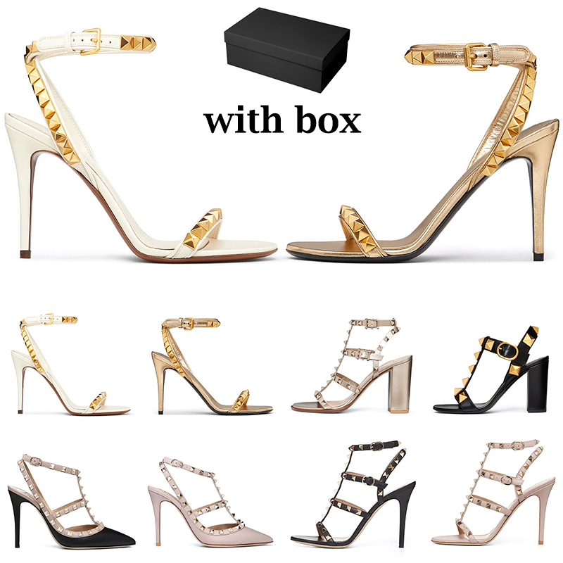 

women luxury Stud pump designer high heels Dress Shoes Pointed toes Patent leather metallic gold Black Nude Poudre womens sexy sandals party wedding