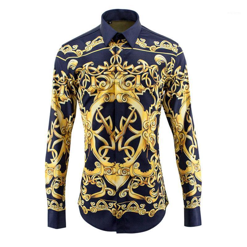 

Brand Men Shirt Luxury Allover Ptinting Long Sleeve Mens Shirts Fashion Royal Plus Size 3XL 4XL Slim Fit Man Men's Casual, Black