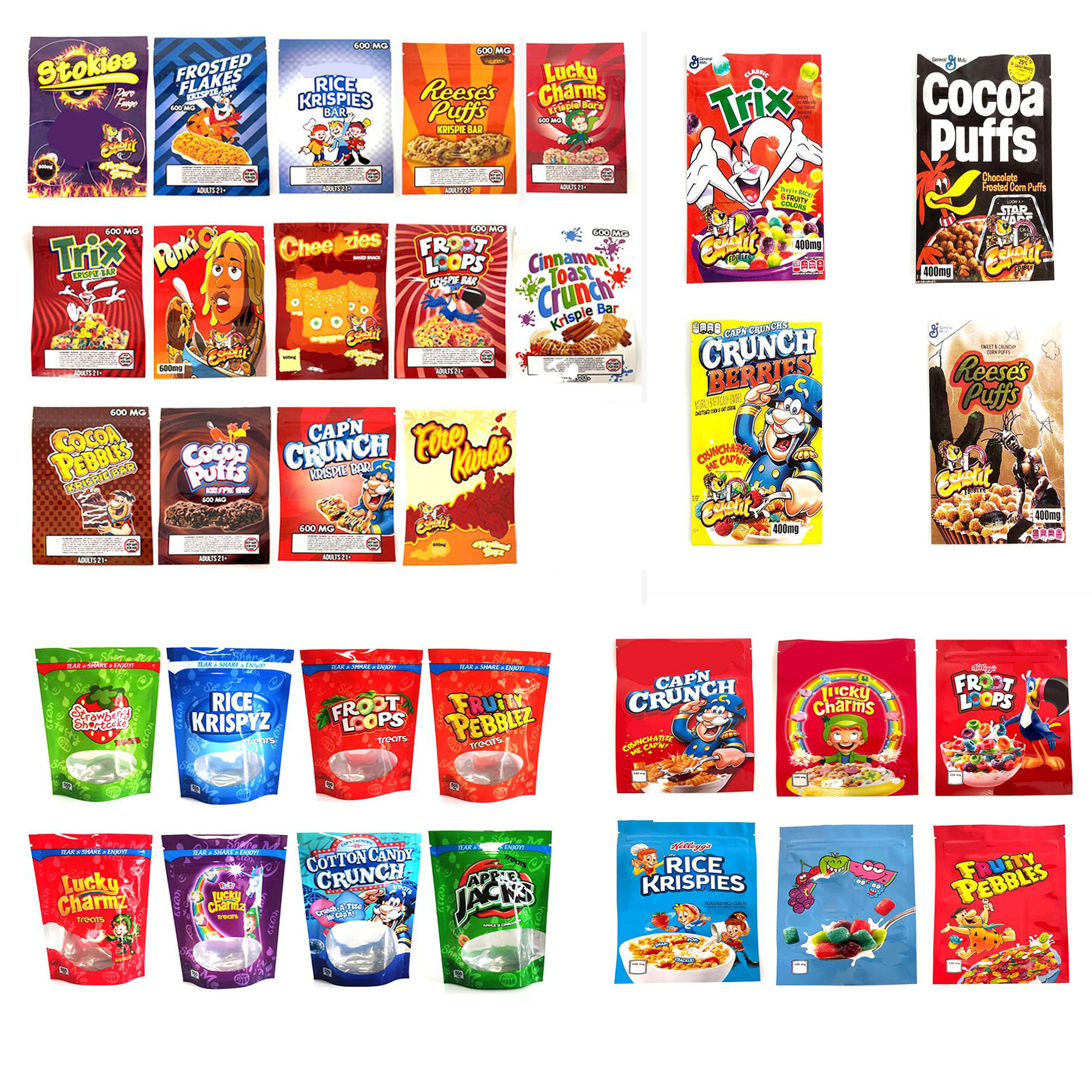 

cereal treats edible packaging mylar bags CAP'N crunch stokies trix fruity pebbles lucky charms rice krispies bar stand up pouch ll