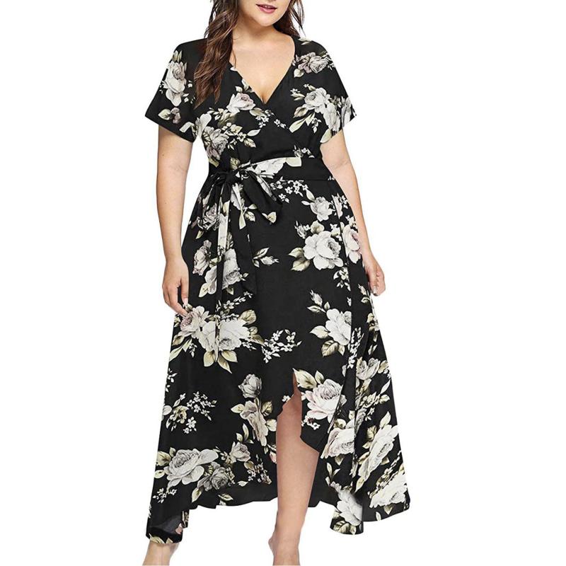 

Plus Size Dresses Bohemian Flower Maxi Long Evening Party Dress Women Short Sleeve High Waist Casual Vestidos, Gray