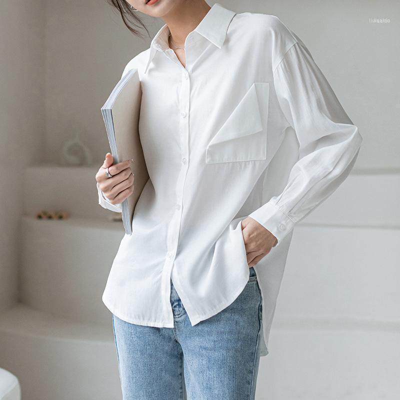 

Women' Blouses & Shirts Harajuku Blusa Feminina Blouse Women 2022 White Shirt Pockers Office Work Solid Loose Ladies Tops 615G
