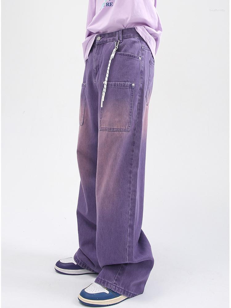 

Men' Jeans Men' Wear Korean Loose Straight Tube Denim Pants 2022 Fashion Gradient Color Pocket Temperament T3865Men' Heat22, Purple