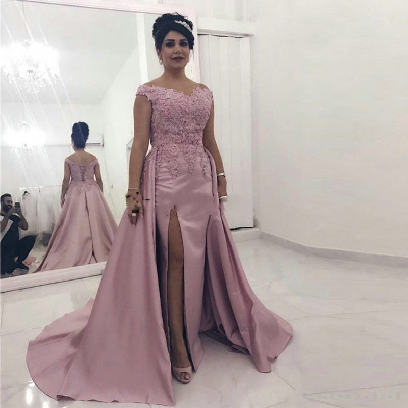 

Dusty Rose Evening Dress with Detachable Skirt Elegant Off Shoulder Appliques Side Split Satin Long Prom Party Gowns Arabic Robes, Purple