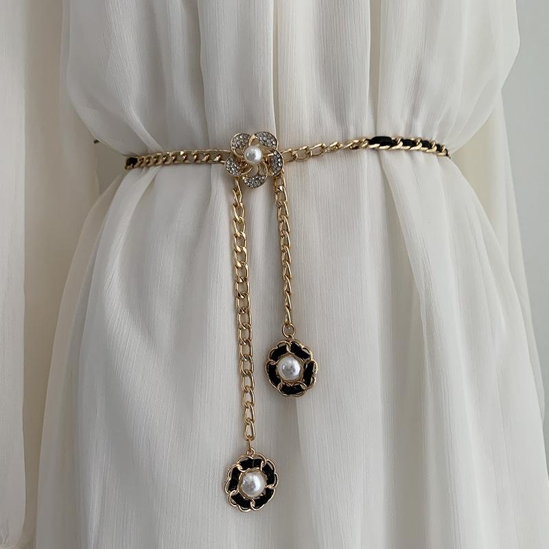 

Belts Gold Metal Flober Buckle Chain For Women Waistbands Long Tassel Suitable Jeans Suit Dress Pearl Waist Belt, White