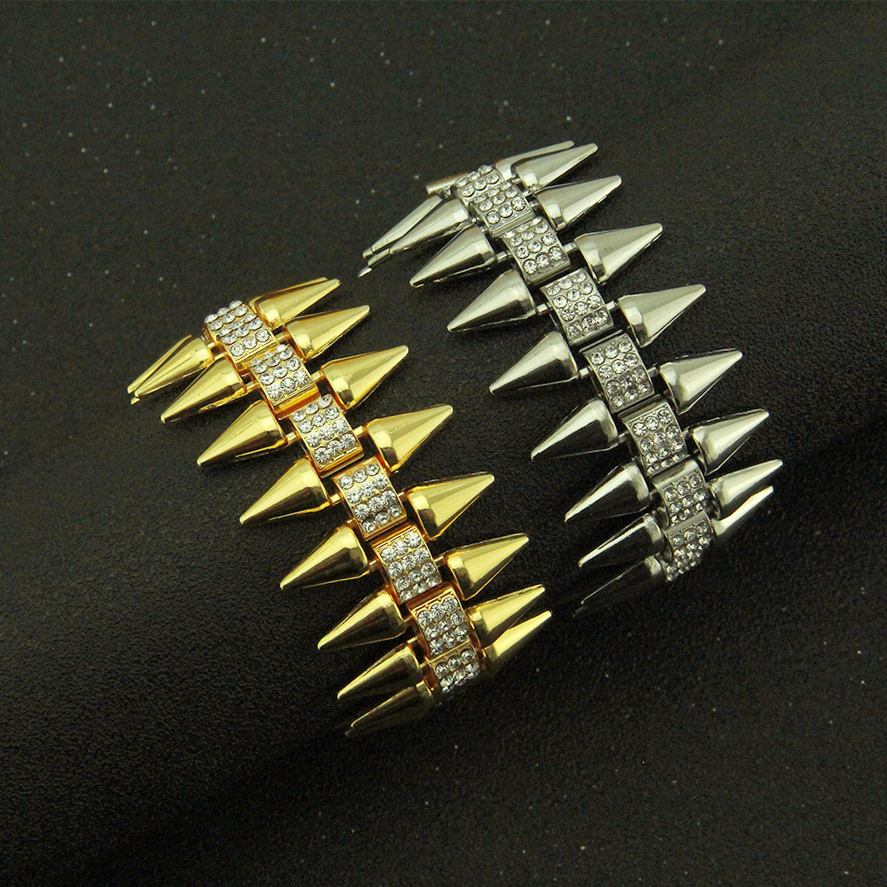 

Hip hop diamond inlaid men's locomotive chain bracelet domineering personality conical women's bracelet width 3.2cm