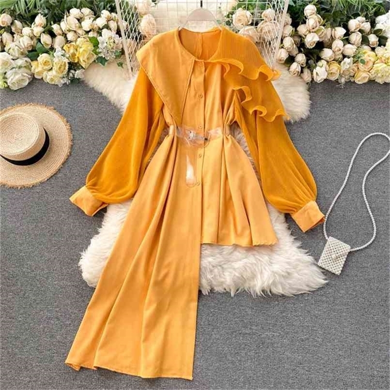 

INS Stylish Women's Shirt Spring Irregular Belted Wave Ruffled Blouse Women Solid Color Patchwork Chiffon Long Tops 210602, Army green