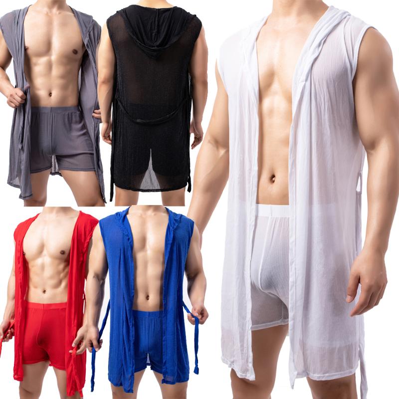 

Men' Sleepwear Mens Mesh Bathrobe Sleeveless Hooded Robes Set Sexy Comfy Sleep Bottoms Boxer Shorts Lounge Wear Kimono Dressing GownMen, Grey shorts