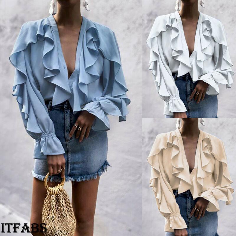 

Women Blouses Sexy Shirt Clothing Ruffle Bell Sleeve Ladies Shirts Tops Womens Summer Female Office Women, Beige