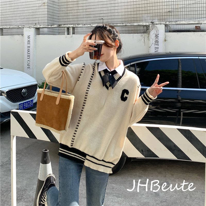 

Fashion 2022 Beige Fake Two Piece Knit Sweater Women Korean Style Printed V-neck Long Sleeve Oversize Jumper Pullover Female Top, Black