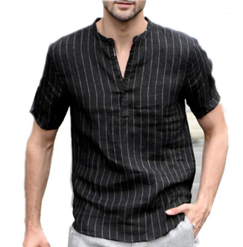 

Men's Casual Shirts LINLING Summer Linen Cotton Striped Short-sleeved Shirt Harajuku Style Tops Stand-up Collar Pullover, Black