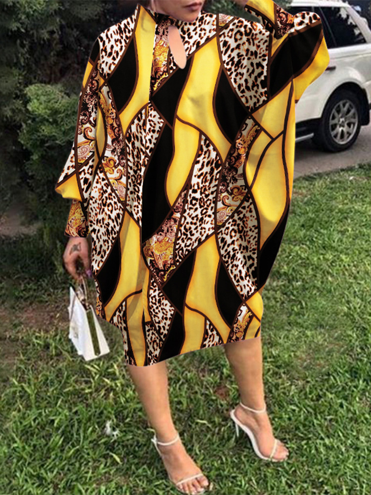 

Womens Designer Knee-Length Dress Bohemian Party Vestido Women Casual Stand Collar Robe Autumn Long Batwing Dolman Sleeve Dress Bat-Sleeve Butterfly Sundress, No.4