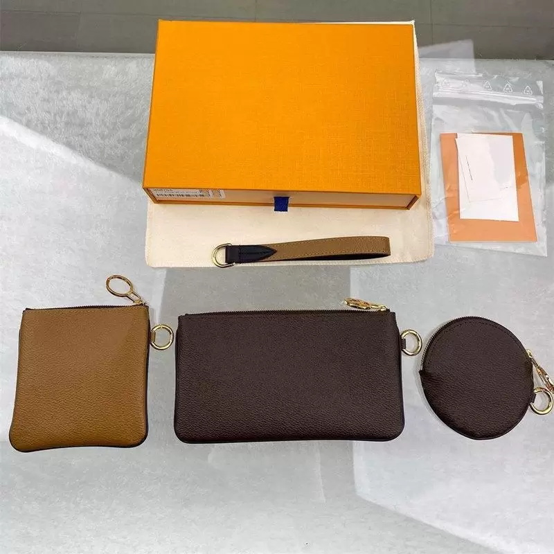

Designers Trio Bags 3 pcs Fashion favorite Key Coin bag keychain leather short wallet Card holder women purses zipper pocket, Brown