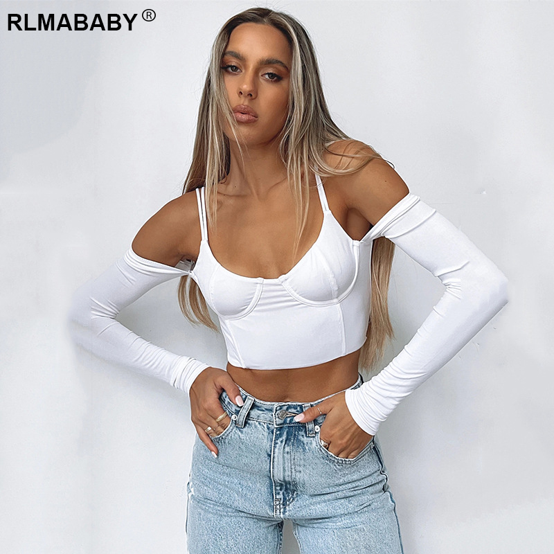 

Sexy Hot Girl Elegant Low Neck Long Sleeve White Short Tshirts Slim Backless Off Shoulder Spaghetti Strap Women Solid Crop Top, Black