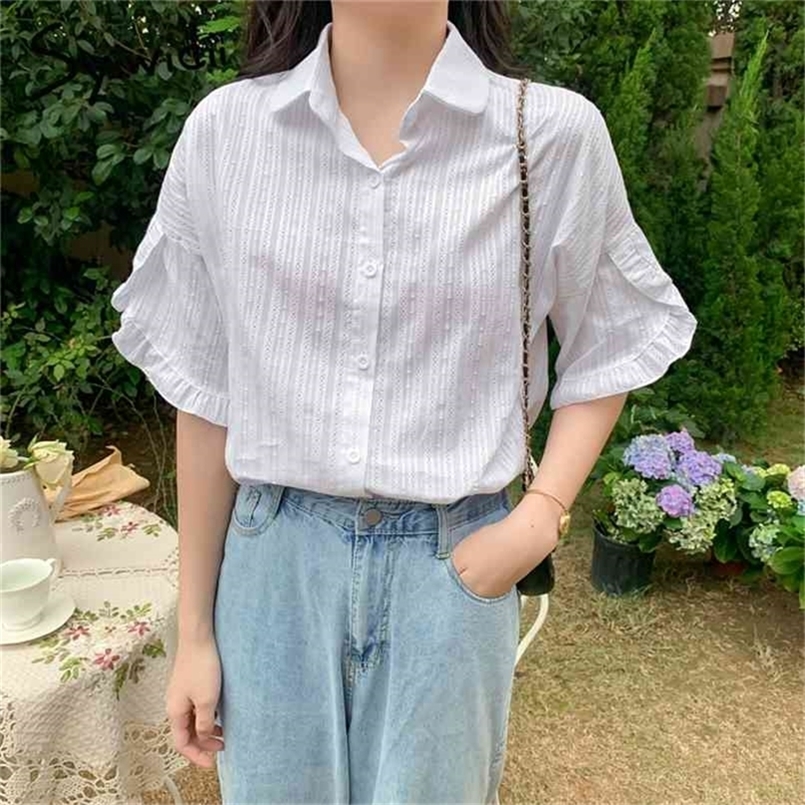 

Ruffles Button Up Blouses Women Turn-down Collar Butterfly Sleeve Short Casual White Top Summer Shirts 210607