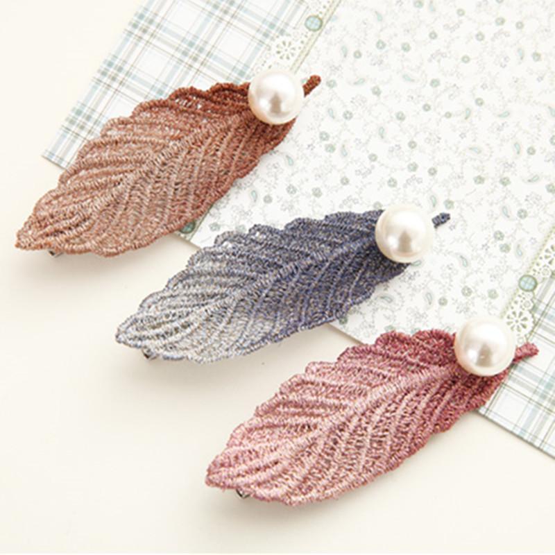 

Hair Clips & Barrettes Girls Fashion Leaf Shape Clip Headwear Retro Imitation Pearl Cloth Leaves Hairpin Accessories For Woman