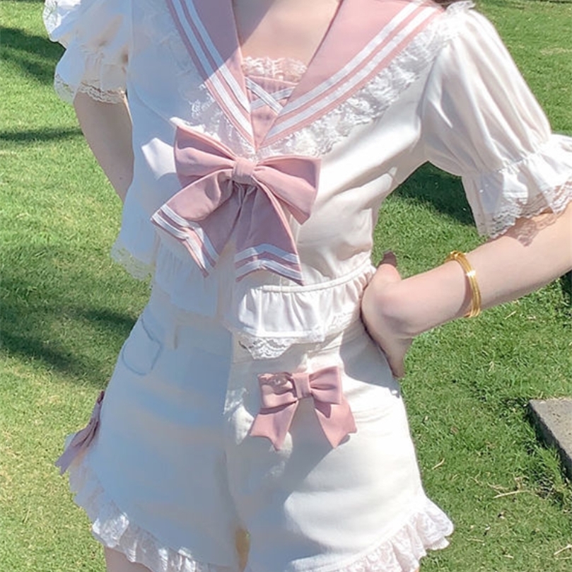 

Two Piece White Set Women Summer Lace Sexy Kawaii Set Female Japanese Casual Designer Bow Chic High Waist Sweet Set 220704, Only skirts