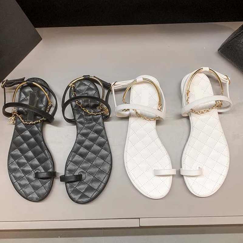 

Woman Sandal Leather Upper Open Toe Round Head Womens Shoe Chain Buckle Fashion Slides Diamond Sewing Thread Summer Shoes Beach Dating Shopp, Black