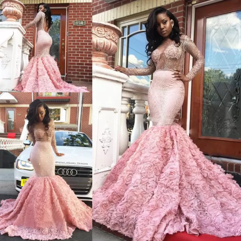 

2022 Pink Mermaid Prom Dresses Long Sleeves Sexy Illusion Top Backless Sweep Train Handmade Flowers Beading Custom Made Plus Size Evening Party Gown vestidos, Water melon