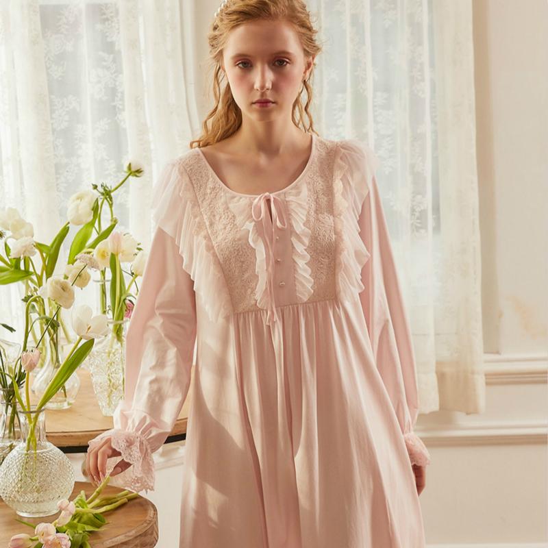 

Women' Sleepwear Cotton Nightgown Night Wear Women Long Sleeve Dress Pink White