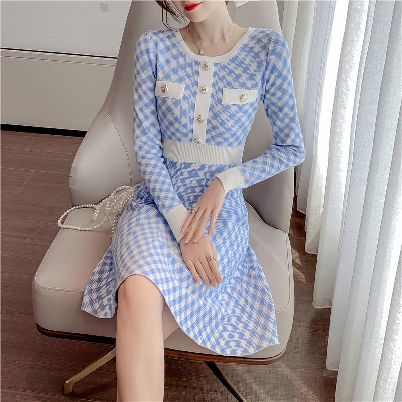 

Casual Dresses 2022 Autumn Style Small Fragrance Korean Plaid Long-sleeved Waist Knit Dress Women, Black;gray
