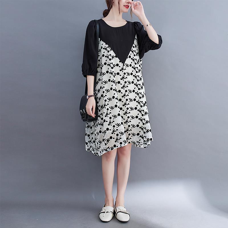 

French Style Patchwork Black White Dress Print Floral Chic Sweet Girl Loose Summer Puff Sleeve Fashion Women Casual