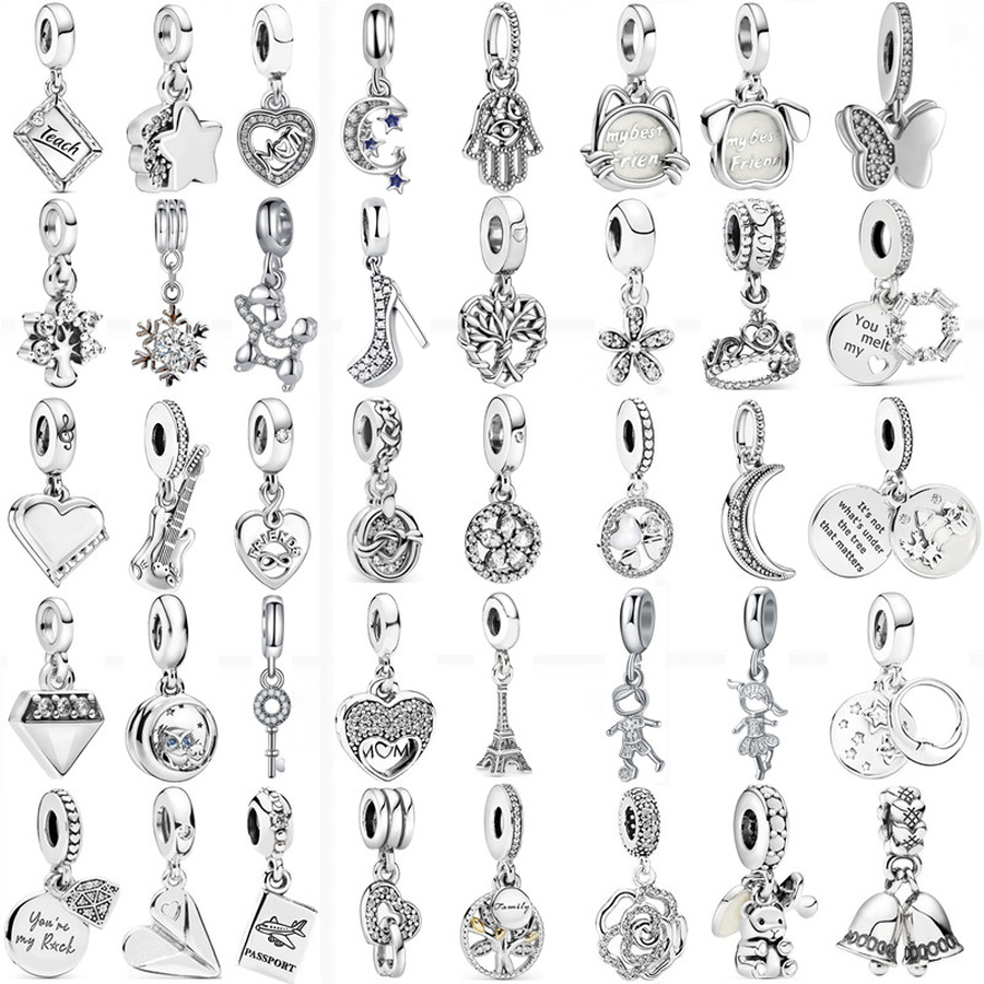 925 Sterling Silver Dangle Charm 45 Styles Solid Color Silver Color Pendant Flower Boy Girl Family Dangle Bead Fit Pandora Charms Bracelet DIY Je