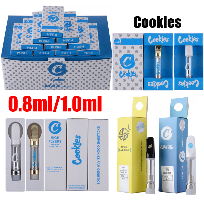

Cookies Vape Cartridges 0.8ml 1.0ml White Black Gold Ceramic Coil Atomizers Glass Tank Thick Oil Dab Pen Wax Vaporizer Carts Vapes Pens Empty E Cigarettes Kits