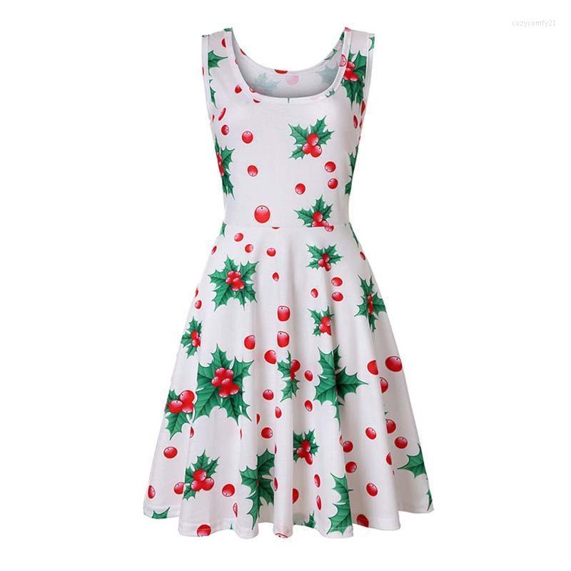 

Casual Dresses Women Summer Vintage Dress Sleeveless Red Cherry Fruit Print O-neck Pullover Big Hem A-line, White