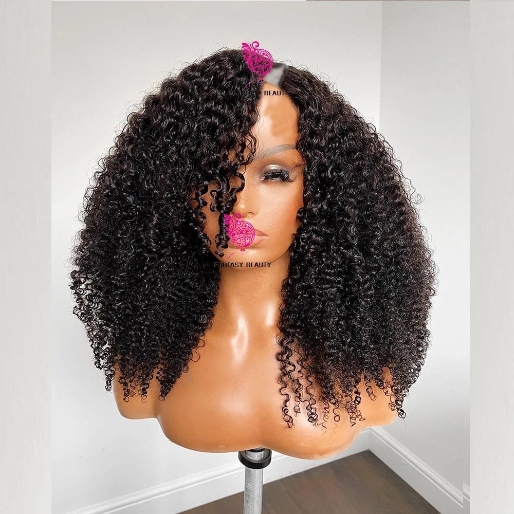 

Mongolian Afro Kinky Curly Human Hair Wig V Part Wig 180 Density For Black Women Glueless Remy Hairs Upart 30 Inch 4B 4C Full Machine Made, As picture color