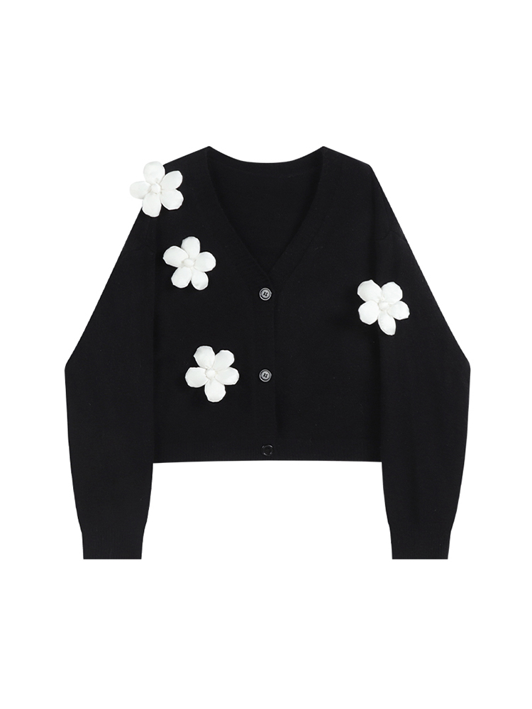 

2022 Autumn College Sweater Women Loose V Neck Flower Knitted Shirt Female Short Cute Casual Coat Thicked Sweaters Y2K Tops, Black